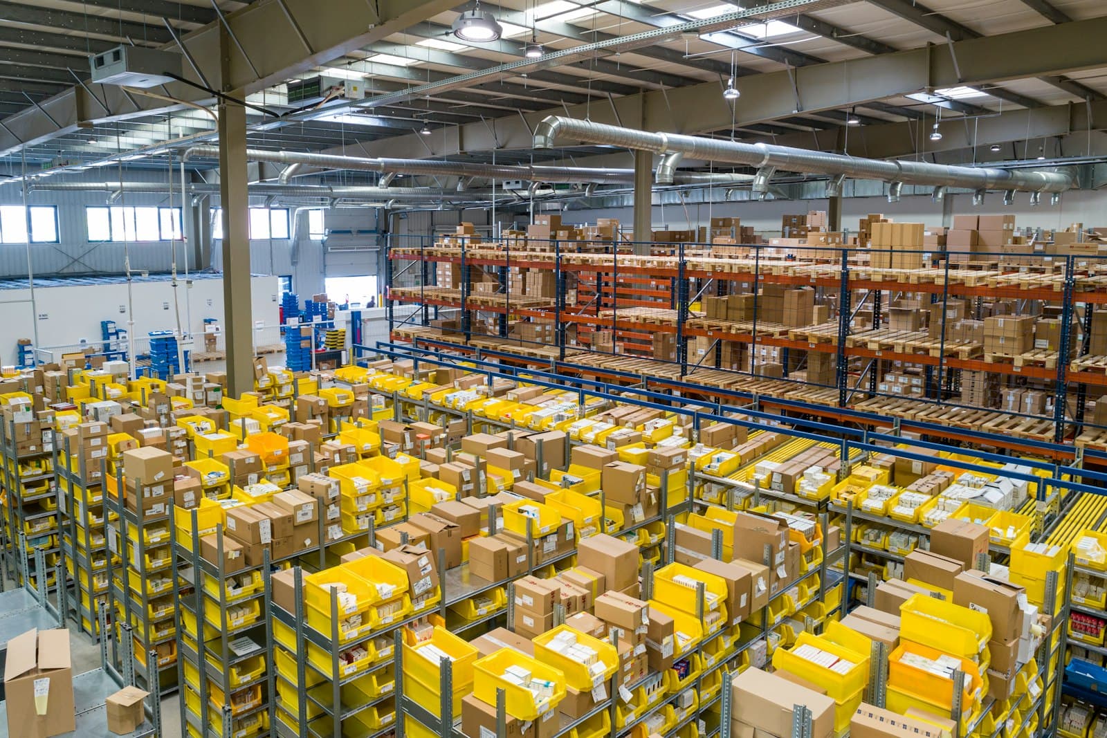 Stocked distribution warehouse with inventory shelving